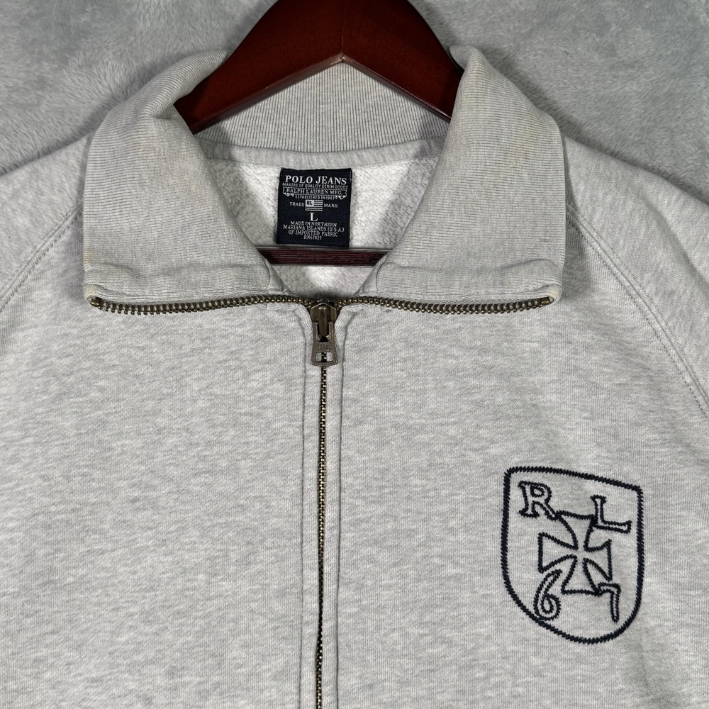 Polo Jeans Ralph Lauren Sweatshirt Mens Large Gray Full Zip RL67 Crest Fleece*